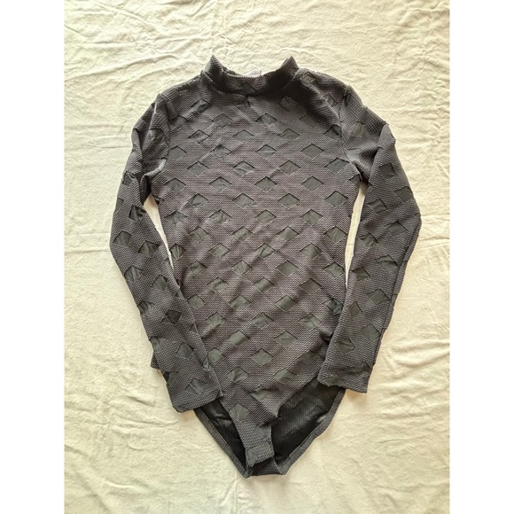 Fashion Nova Tops - Fashion Nova Black Mesh Diamond Lattice Bodysuit Mock Neck Long Sleeve Medium